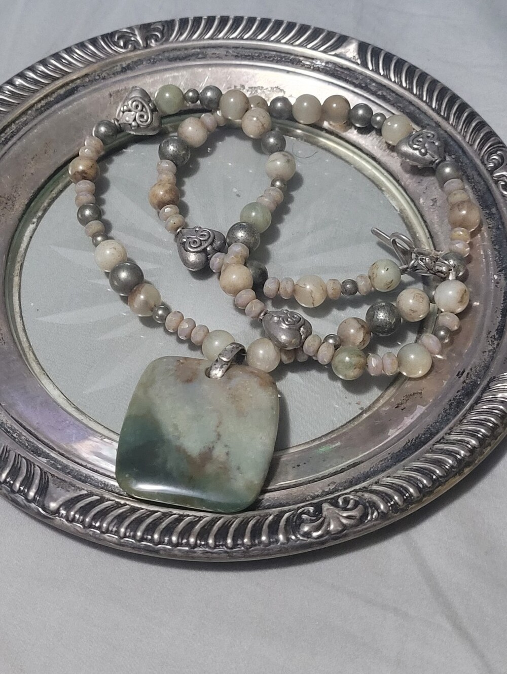 Handcrafted Green Stone Beaded Necklace with Silver Accents